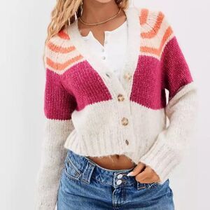 American Eagle Sweater Womens XS Striped Cardigan‎ Cropped Chunky Knit